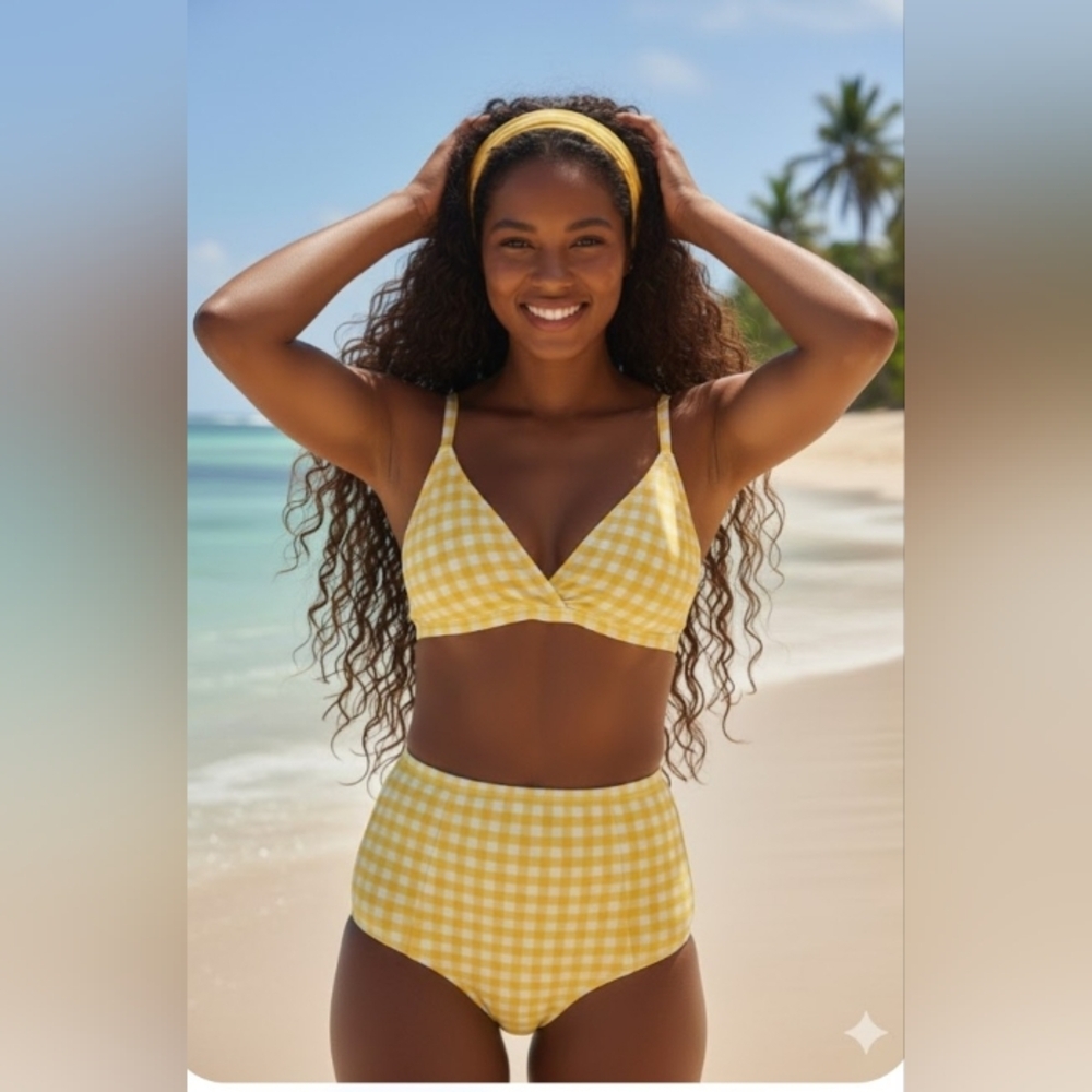 Retro Yellow Rockabilly 70s Pinup Yellow Gingham High Waist Bikini Large New